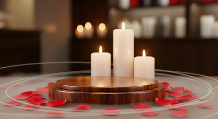 Elegant Candles on a Wooden Pedestal with Rose Petals