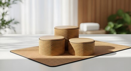 Stylish natural woven display pedestals showcasing a minimalist design with soft ambient lighting, perfect for elegant product presentation or modern interior accents