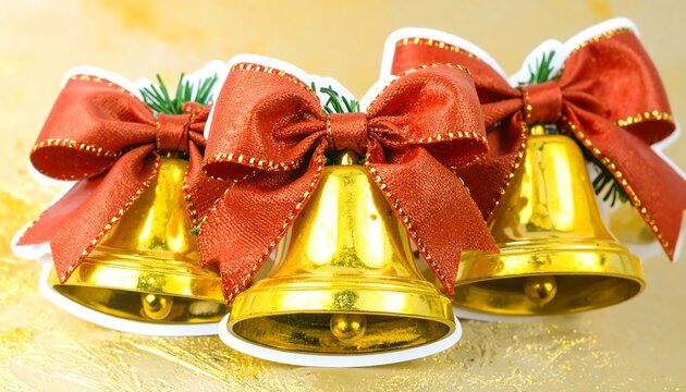 Three gold Christmas bells with red bows - Powered by Adobe