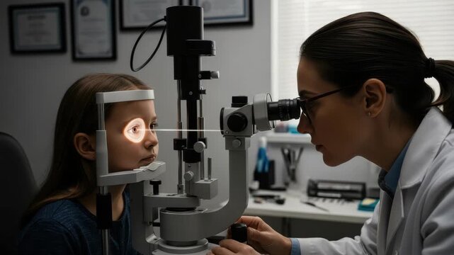 female eye doctor examines young girls eye with slit lamp machine in an ophthalmology clinic A bright light beam illuminates the girls right eye highlighted by glow during the detailed examination