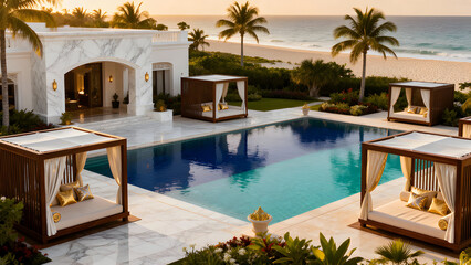 Luxury villa with a pool and cabanas overlooking the ocean at sunset.