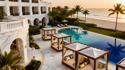 Luxury villa with a pool and cabanas overlooking the ocean at sunset.
