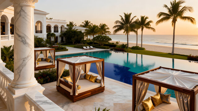 Luxury villa with a pool and cabanas overlooking the ocean at sunset.