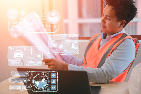 Man or engineer smiling looking holding paper blueprint with data charts for ESG environmental social governance business. Organization sustainable development environmental and business