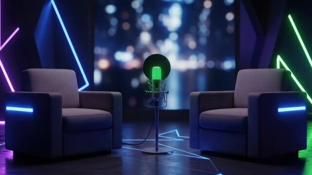 Two modern armchairs with blue armrest lights face central vibrant green microphone with pop filter Dark studio walls have geometric purple blue green neon lines glowing floor patterns and blurred cit