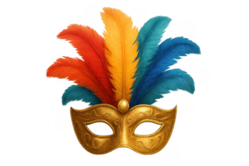 Golden carnival mask with colorful feathers celebrating masquerade