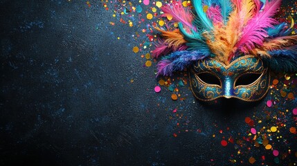 Vibrant carnival mask adorned with colorful feathers perfect for festive celebrations and theatrical performances