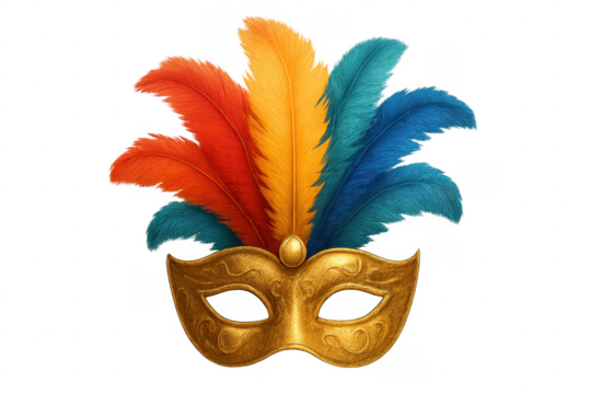 Golden carnival mask with colorful feathers celebrating masquerade
