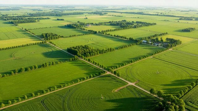 Aerial view of vast green agricultural fields sectioned by tree-lined roads and scattered tree clusters Several fields exhibit clear circular irrigation patterns A detailed rural landscape