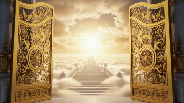 Majestic golden gates intricately carved with doves scrolls and floral motifs open to reveal grand white staircase ascending through sun-drenched clouds towards brilliant light in the heavens