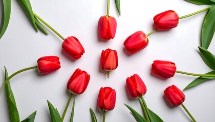 Red tulips arranged in a circle on white