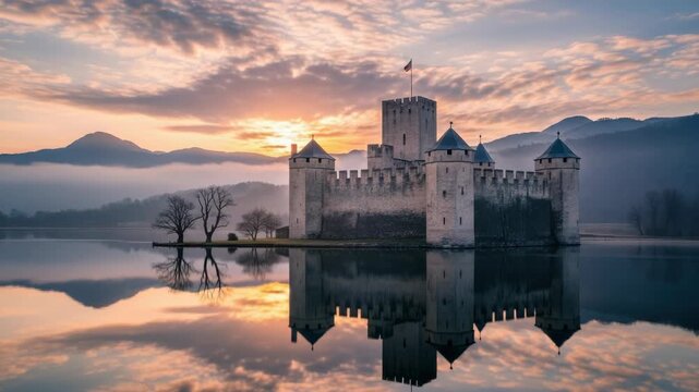 medieval stone castle with central tower and turrets stands in tranquil lake reflecting its form and colorful sunrise/sunset sky Distant mountains and bare trees frame the scene