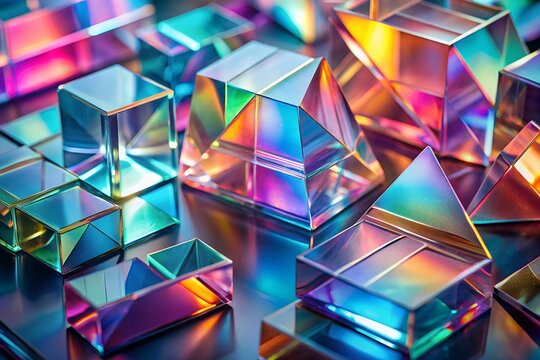 Abstract close up of geometric crystal prisms reflecting vibrant rainbow colors and light patterns