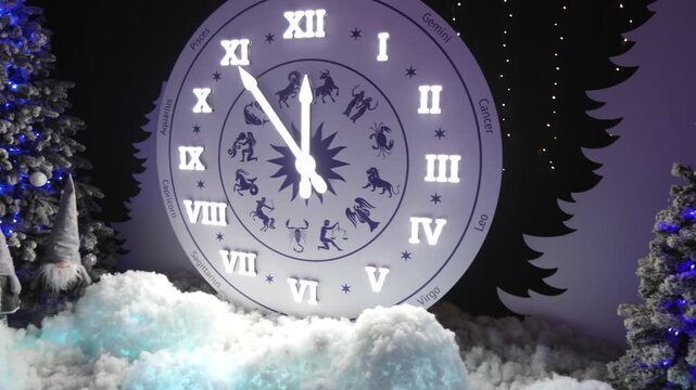 Midnight Hour: Illuminated clock displaying Roman numerals and zodiac signs, set against an elegant background suggesting a festive atmosphere, with snow covered elements. 