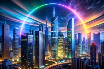Fototapeta premium Vibrant futuristic cityscape at night illuminated by a glowing rainbow neon ring and streaks of colorful light