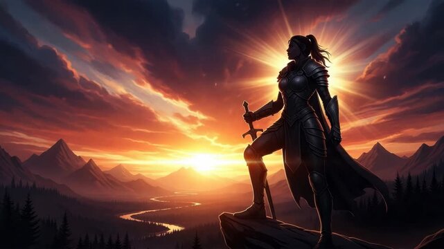 lone armored warrior holding sword stands triumphantly on rugged peak silhouetted by radiant sunset Below stretches vast mountain range dense forests and serpentine river