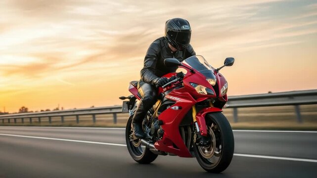 rider on red sports bike speeds down highway at golden hour Dressed in full black leather gear and helmet they lean slightly the road stretching under vibrant sky