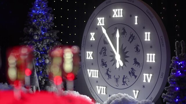 Countdown to the Celebration: A luminous clock showcases the eleventh hour with illuminated numerals and zodiac signs, surrounded by festive decorations.