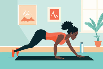 African woman doing push-ups on a yoga mat at home vector illustration