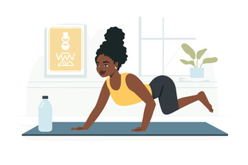 African woman doing push-ups on a yoga mat at home vector illustration