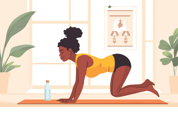 African woman doing push-ups on a yoga mat at home vector illustration
