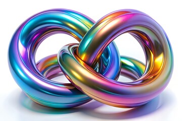 Interlocking iridescent metallic torus shapes creating a mesmerizing infinity loop with vibrant rainbow colors