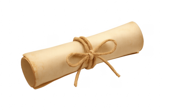 Rolled old parchment scroll tied with rope twine