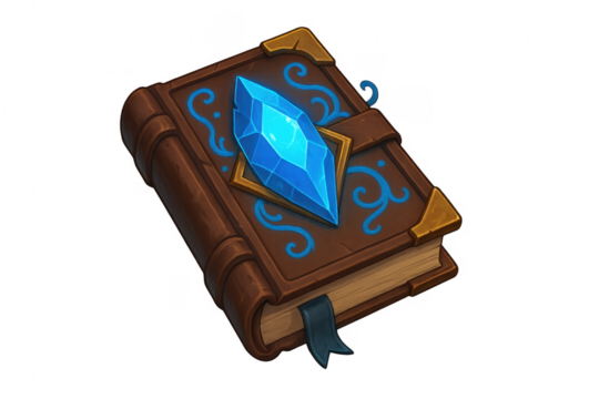 Fantasy magic spell book with blue crystal