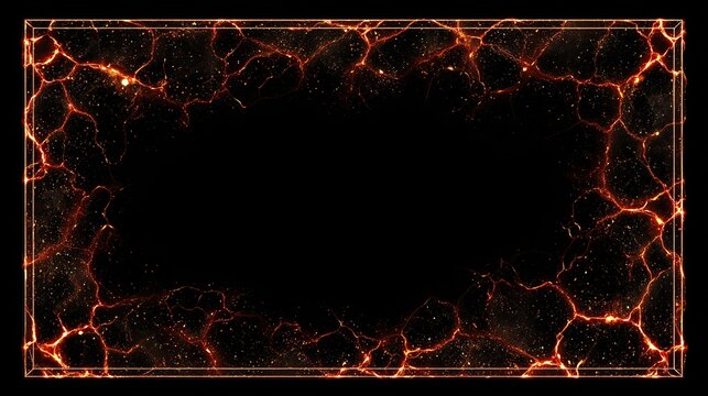 A rectangular frame with fiery, cracked textures edging a black void, hinting at volcanic activity