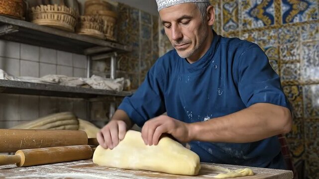 A baker forms dough on a floured surface with rolling pins and shelving visible in a tiled bakery setting