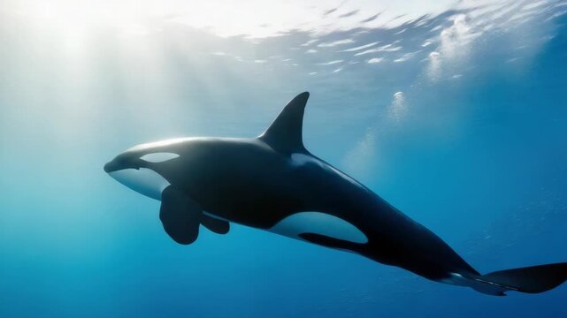 magnificent orca gracefully swims in deep blue water illuminated by ethereal sun rays from the shimmering surface Its striking black and white patterns are clear with tiny fish in the distance and sub