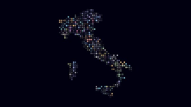 Italy map animation. Shape of the country with pulsating colored dots. Small size circle blocks. Digital style Italy map on dark background. Beautiful video.