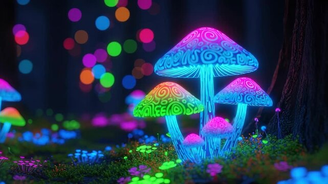 mystical forest comes alive with vibrant bioluminescent mushrooms Neon pink blue green and orange fungi glow with intricate patterns surrounded by smaller glowing flora and soft bokeh lights