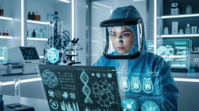 scientist in blue protective suit and face shield works in futuristic lab interacting with holographic display showing complex genetic and molecular data alongside medical scans and graphs