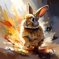 Energetic rabbit illustration with paint splashes