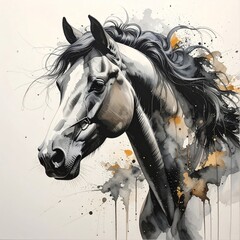 Ink and watercolor horse portrait