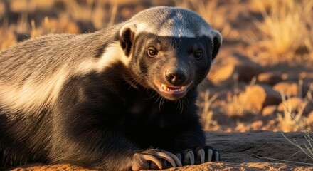 Close up portrait of a honey badger, also known as ratel, resting on the ground in nature