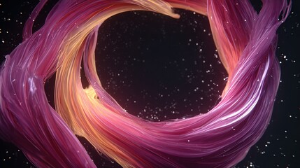 A swirling ring of pink and orange, wispy strands against a dark starry background, with glowing particles
