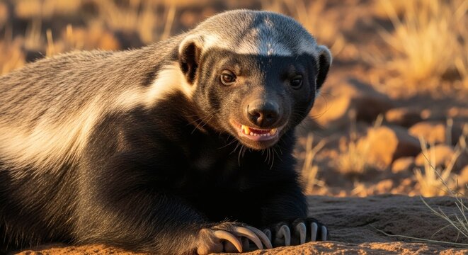 Close up portrait of a honey badger, also known as ratel, resting on the ground in nature
