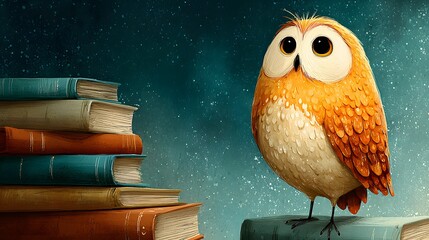 An endearing illustration features a curious owl perched atop a stack of books, set against a dreamy, star-speckled background.