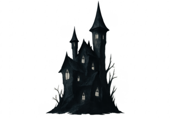 Spooky haunted gothic castle with glowing windows