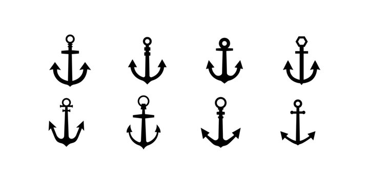 Vector set of monochrome sea anchor icons in silhouette style. Includes nautical symbols, marine decorative art, vintage navy elements for ocean themed illustrations