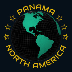 Republic of Panama on Globe. Round country and continent name text. Country view on world map in Black Emerald color palette. Panama shape on map. Stylish vector illustration.