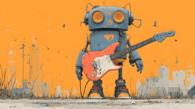 A stylized illustration showcases a robot character with a guitar, set against an orange background suggesting a vibrant city landscape; the artwork features distinct textures and a cool color...