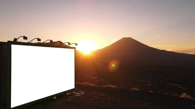 A blank billboard stands before a mountain at sunset lights above dark earth below