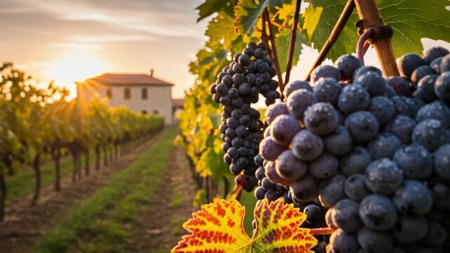 Close-up of ripe dew-kissed purple grapes and vibrant red-yellow autumn leaf on sunlit vine A farmhouse is visible in the background against golden sunset rays over vineyard