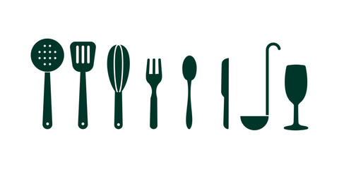 Collection of kitchen utensil silhouettes including cookware and tools. Vector icons for cooking, culinary preparation, food service and kitchenware design