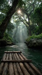 Obraz premium Serene Bamboo Raft on Tranquil River in Lush Green Forest Surrounded by Sunlight and Misty Fog, Perfect for Nature and Adventure Photography