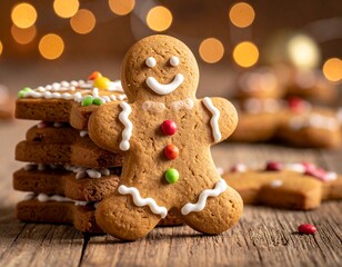 A cheerful gingerbread man cookie with colorful candy buttons and white icing, standing in front of a stack of similar cookies against a festive, bokeh-lit background.