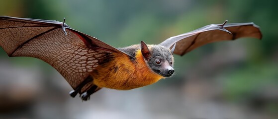 Obraz premium Majestic Bat in Flight Showcasing Detailed Wings and Expressive Face Against Natural Background with Smooth Bokeh Effect
